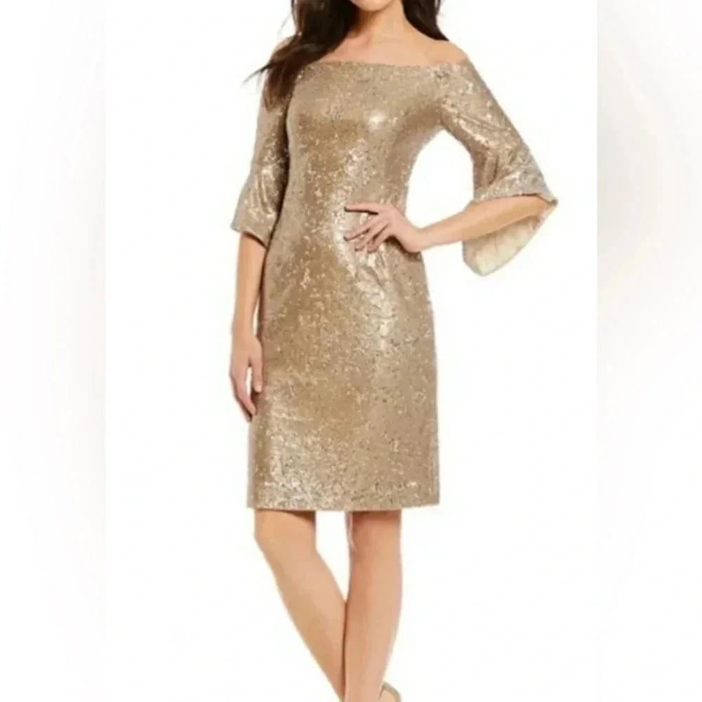 Antonio Melani Off The Shoulder Bell Sleeve‎ Sequin Dress NWT Size 0